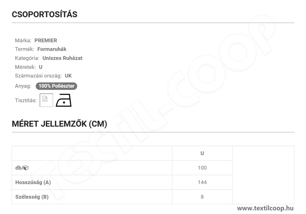 Premier PR700 mérettáblázat