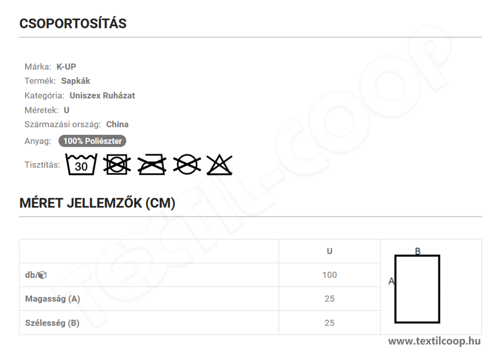 K-UP KP121 mérettáblázat