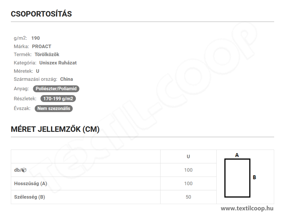 Proact PA574 mérettáblázat