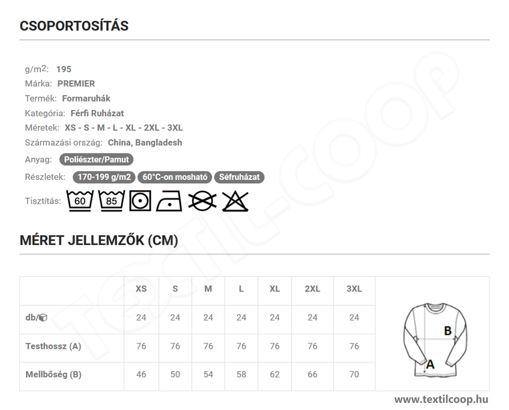 Premier PR665 mérettáblázat