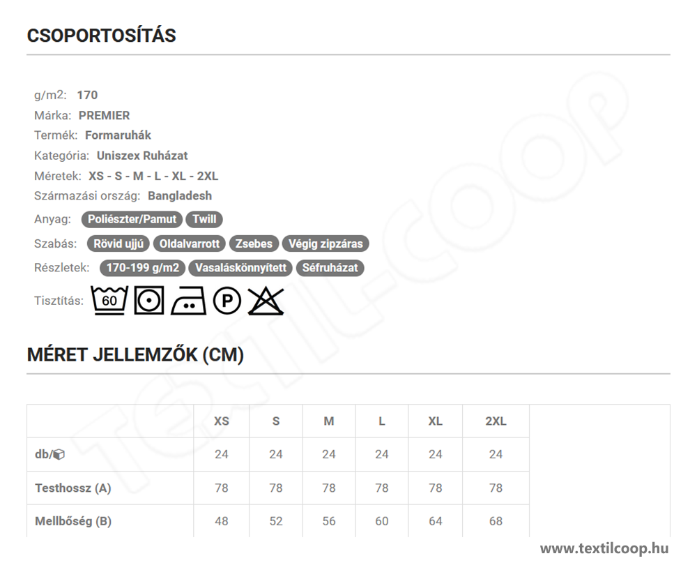 Premier PR906 mérettáblázat