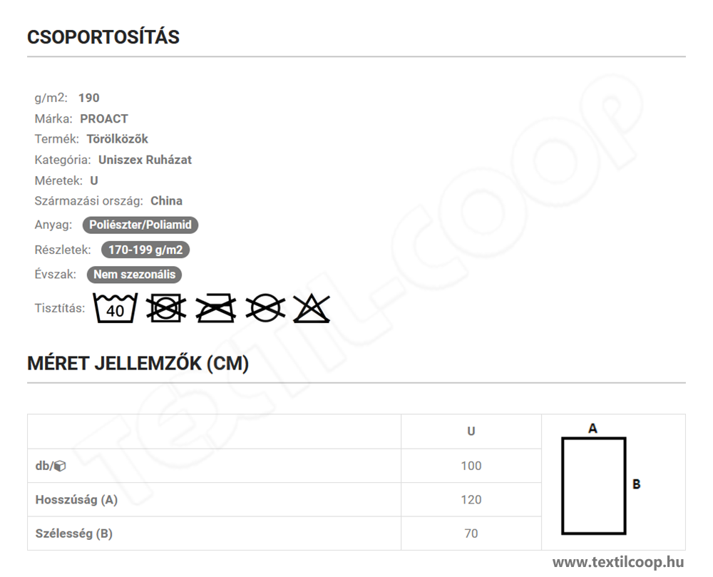 Proact PA575 mérettáblázat