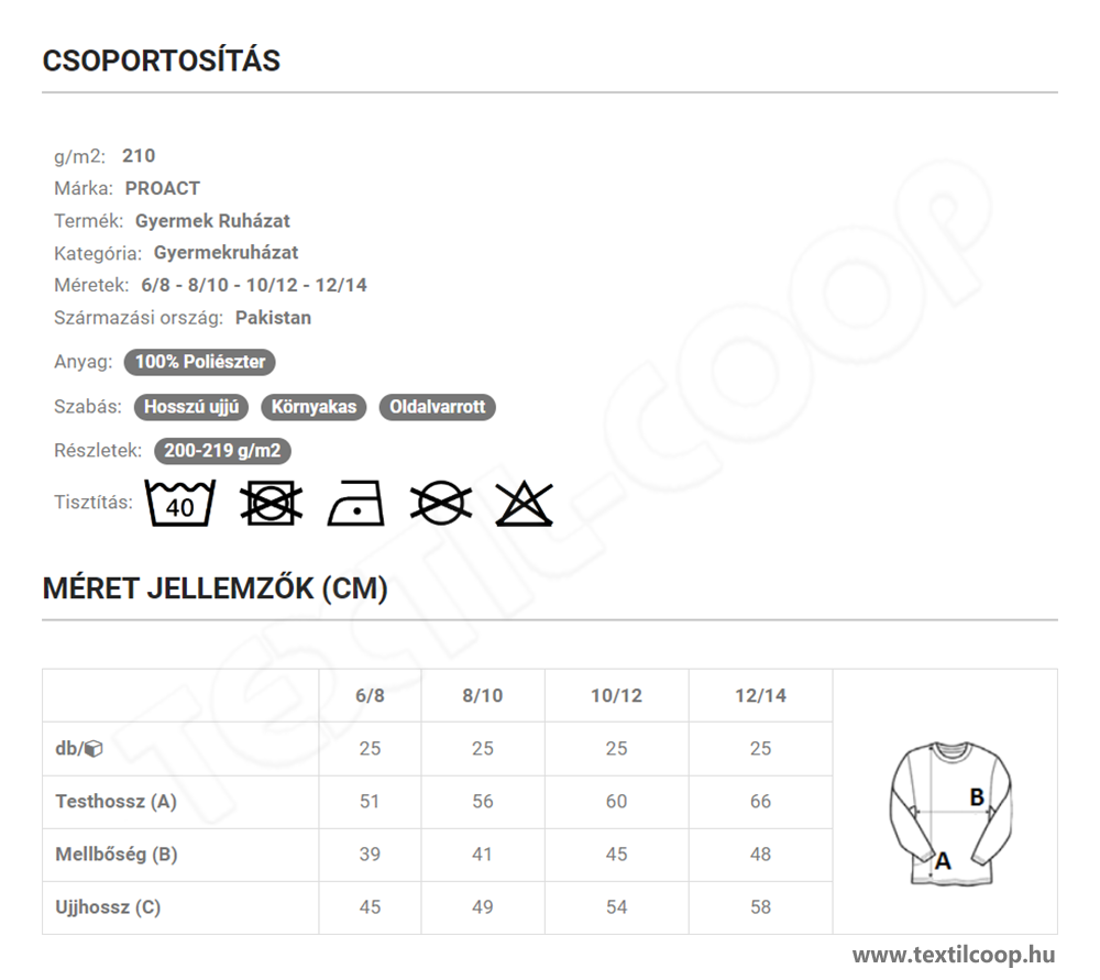 Proact PA374 mérettáblázat